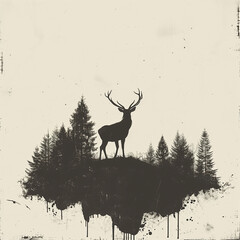 Silhouette of a Male Deer in Front of a Forestscape: Retro-Style, Screen Printed Logo on a White Background