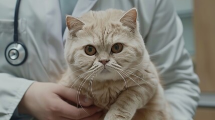 Photo of a beautiful British light-colored cat being examined by a veterinarian at a veterinary clinic