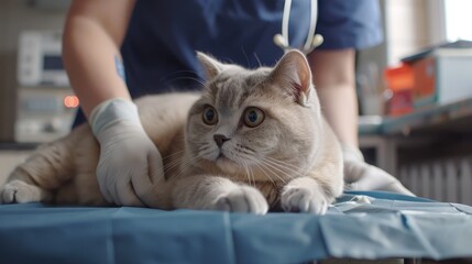Photo of a beautiful British light-colored cat being examined by a veterinarian at a veterinary clinic