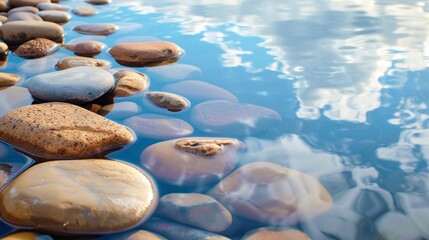 Reflective harmony: Smooth pebbles arranged in perfect balance, mirroring the clear sky above in a serene pool of water.
