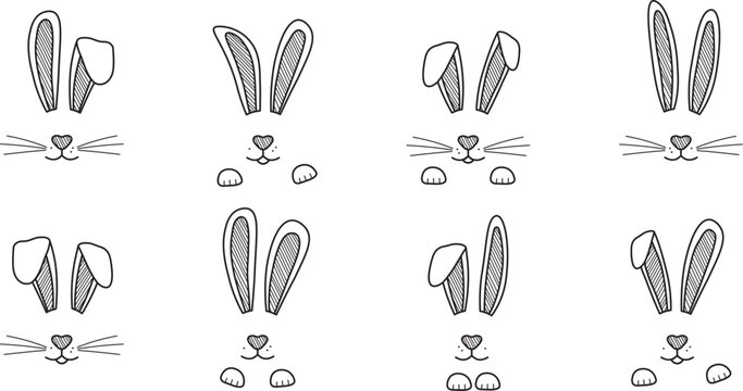 Easter bunny ear, rabbit face, paw, whisker. Doodle hare outline design, cute character vector line icon isolated on white background. Animal hand drawn illustration