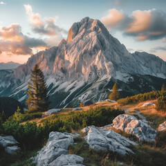 Majestic Mountain Peak at Sunset with Alpine Glow