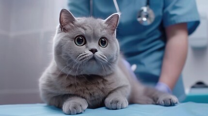 A photo of a beautiful British grey cat being examined by a veterinarian at a veterinary clinic The cat on the surgical table in the hospital.