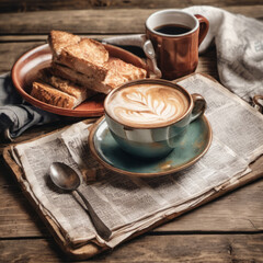 Closeup photo of a nutritious breakfast on a vintage wooden board with newspaper underneath
