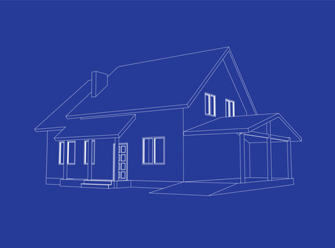 Stylish architectural  blueprint.Vector wireframe perspective of  modern house exterior. 3D vector model of cottage. 