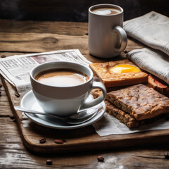 Closeup photo of a nutritious breakfast on a vintage wooden board with newspaper underneath
