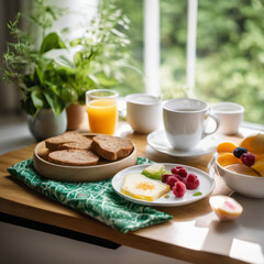 Closeup photo of a nutritious breakfast on a wooden board with a window on background.