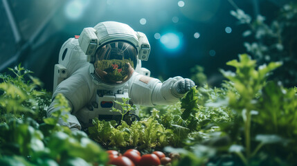 An astronaut gardening in the spaceship. Concept of: ecological, new worlds and new life, exploration and science