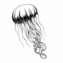 Hand Drawn Jellyfish, Sketched Animal Sea, Jelly Fish Ink Drawing, Ocean Medusa Engraving