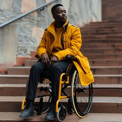 Fototapeta na wymiar A man in a yellow jacket, sitting comfortably in a wheelchair on stairs