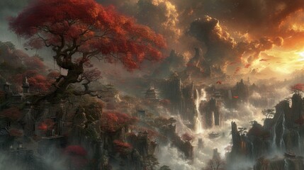 a painting of a mountain landscape with a tree in the foreground and a lot of clouds in the background.