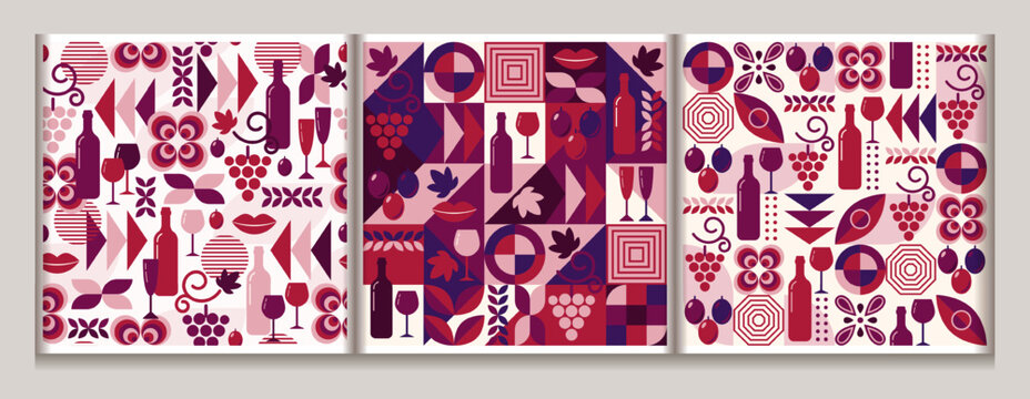 Red wine theme seamless patterns with icons