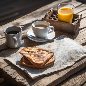 Closeup photo of a nutritious breakfast on a vintage wooden board with newspaper underneath
