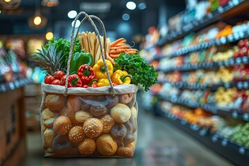 Overfilled grocery bag on a supermarket counter showcasing colorful vegetables and breads, reflecting abundance - obrazy, fototapety, plakaty