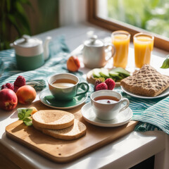 Closeup photo of a nutritious breakfast on a wooden board with a window on background.