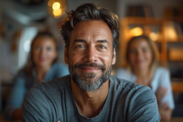 Smiling middle-aged man with grey hair and a pleasant demeanor in soft focus - obrazy, fototapety, plakaty