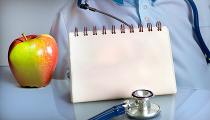 A blank notebook where you can write your message next to an apple with a doctor in the background.