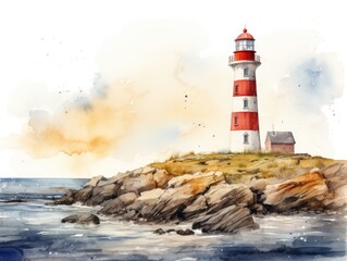 Naklejka premium Watercolor Lighthouse, Aquarelle Beacon, Creative Watercolor Pharos