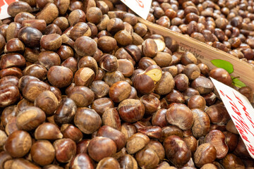 chestnuts for sale in the market, edible chestnut fruits,