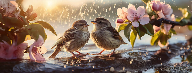 Sparrows chat under a spring shower among pink blossoms. These feathered conversationalists enjoy a refreshing rain amidst the flowering boughs of a fruit tree. - obrazy, fototapety, plakaty