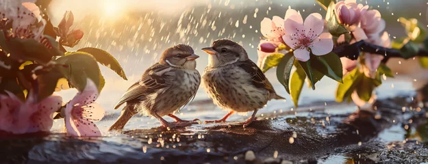 Fotobehang Sparrows chat under a spring shower among pink blossoms. These feathered conversationalists enjoy a refreshing rain amidst the flowering boughs of a fruit tree. © vidoc