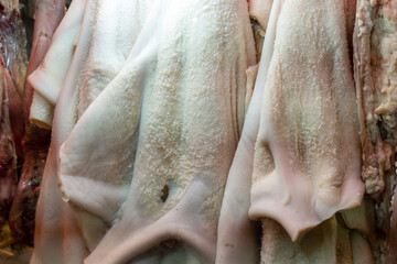 offal products, beef tripe, raw tripe from an offal shop in Turkey,