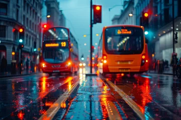 Fotobehang A vivid capture of London's iconic red buses on wet streets reflecting city lights under a moody sky © svastix