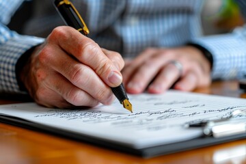 A meticulous capture of a person in a checked shirt signing a legal document with a fountain pen