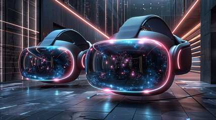 Tech presentation: Virtual reality headsets showcased in modern room for innovative demos