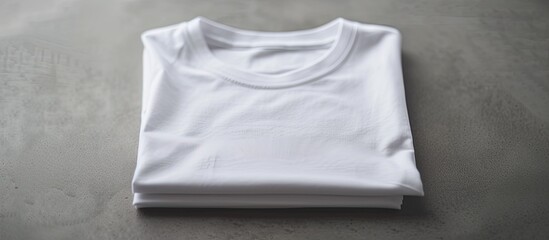 A folded white t-shirt template is neatly laid out on a grey table in a studio setting.