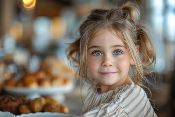Cute girl with blue eyes and a sweet smile stands near baked goods in a bakery