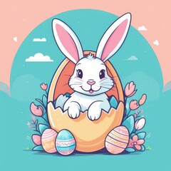 Easter banner with cute Easter bunny hatching from pastel color Easter egg on pastel color background. Illustration of Easter rabbit sitting in cracked eggshell. Happy Easter greeting card.Copy space.
