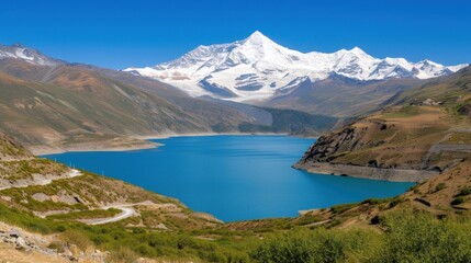 Fototapeta premium a large body of water in the middle of a mountain range with a snow capped mountain in the back ground.