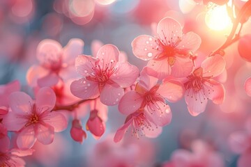 Close-up of pink cherry blossoms with delicate petals and water droplets illuminated by soft sunlight