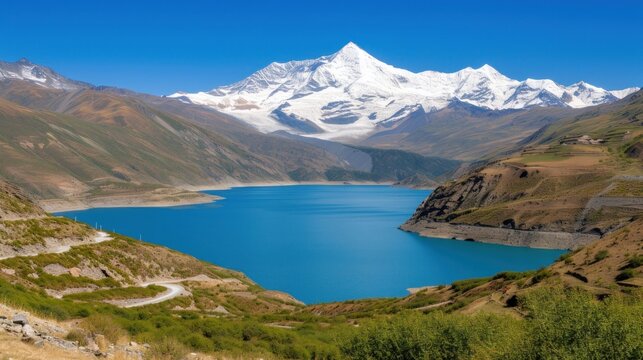 a large body of water in the middle of a mountain range with a snow capped mountain in the back ground.