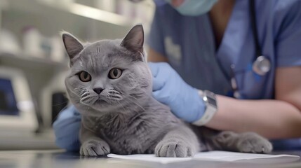 A photo of a beautiful grey British breed cat being vaccinated at a veterinary clinic. The pet is being examined by a veterinarian