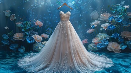 Wedding dress on a hanger in fairy forest.