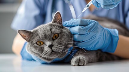 A photo of a beautiful grey British breed cat being vaccinated at a veterinary clinic. The pet is being examined by a veterinarian