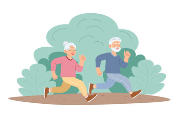 elderly people are running in park. Health and self-care. vector illustration