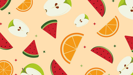 Jucy sliced fruits orange,watermelon,apple.Vector illustration.