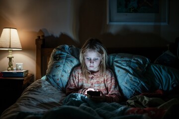 Young girl addicted to her mobile phone in a dark bedroom - obrazy, fototapety, plakaty