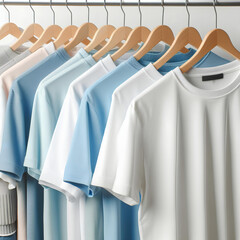 Clean clothes white and pastel blue men's t-shirts on hangers after dry-cleaning or for sale in the shop on white background