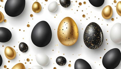 Happy Easter holiday banner. Top view on white and black eggs with golden liquid and golden confetti. Vector illustration with 3d decorative objects generative ai