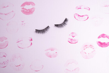 False eyelashes for eye makeup on a colored background. Concept of tool for eyelash extension,...