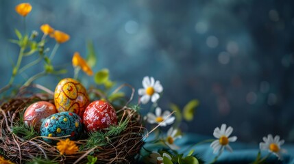 Obraz na płótnie Canvas Easter decoration colorful eggs on dark background with copy space. Beautiful colorful easter eggs. Happy Easter. 