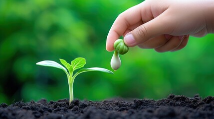 a child's hand holding a seed and sprouting it into a small green plant in the dirt.