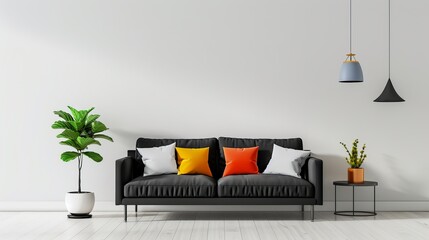 In a white minimalist living room, a sleek black couch takes center stage, adorned with vibrant...