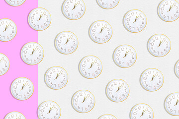 Pattern made with clock dials and golden details on bright pink background. Creative minimal art. Flat lay. Copy space. Minimal composition. Minimal wallpaper.
