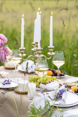 Romantic table decor for a loving couple on a meadow. Two glasses of wine, flowers in a vase, silverware, fruits, chandelier with burning candles, wooden furniture. Sunset, golden hour, summer