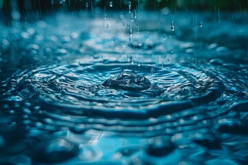 A mesmerizing scene of raindrops falling on a water body creating ripples and reflections, with a moody blue tone